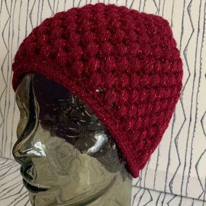 HAND Crocheted Women's Beanie Metallic Mulberry Red